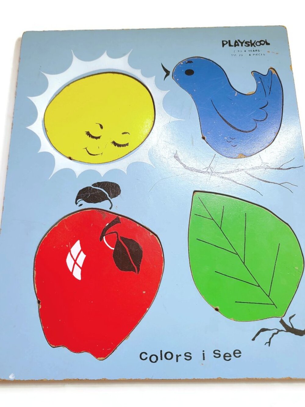 Vintage Playskool Colors I See Wooden Puzzle Sun Bird Apple Leaf 4pc 155-23